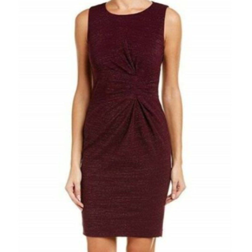 NWT TAHARI ASL Women's Sheath Dress in Wine with Silver Metallic Stitching
